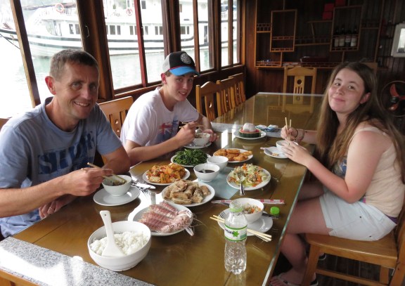 lunch! Fish, chicken, crayfish, tofu, weeds, rice, spring rolls